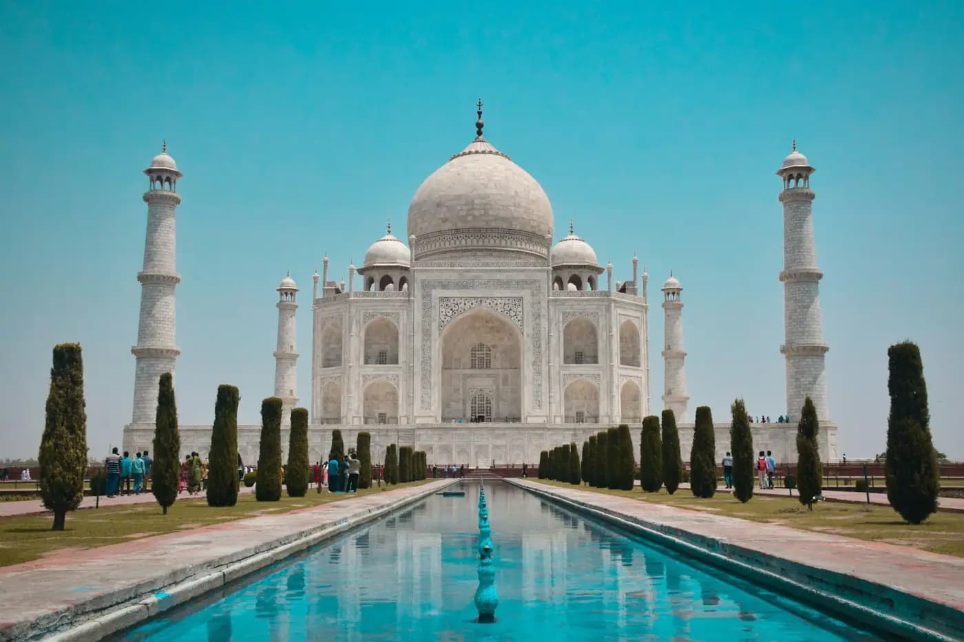 Taj Mahal reflected in its long pool at Agra